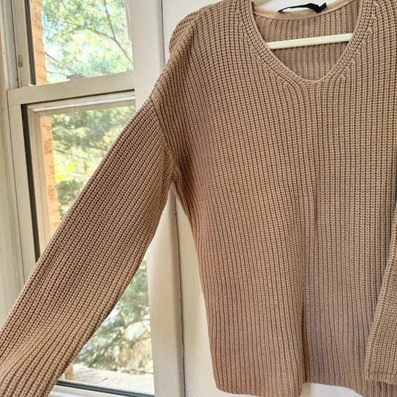 Jenni Kayne Cotton Cabin Sweater Oatmeal V Neck Oversized Knit Pullover Brown - Picture 6 of 13